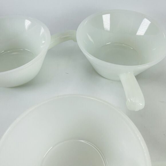 4 Vintage Anchor Hocking Oven Proof Milk Glass Handled Chili Soup Bowls Set Of 4 - Picture 9 of 11